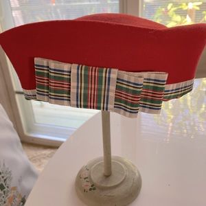 Hat, vintage red wool with trim and bow, 22”